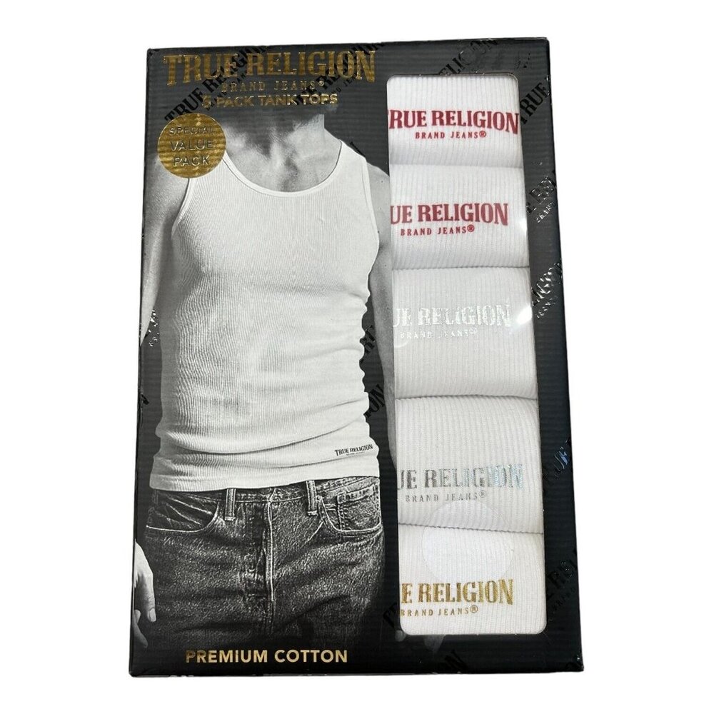 TRUE RELIGION 5 Pack Tank Tops Cotton Logo Ribbed White Men's LARGE